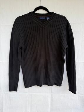 VTG Structure Men's Black Ribbed V-Neck Long Sleeve Pullover 100% Cotton Medium